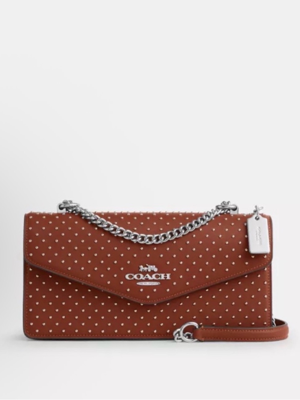 COACH Klare Envelope Pecan Leather with Rivets  Crossbody with Chain Strap